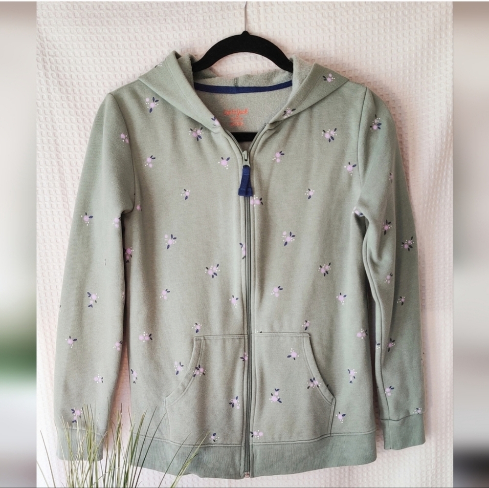 Cat &Jack Girls Light Army Green, Pink Floral Hooded Sweatjacket Size XL (14/16)